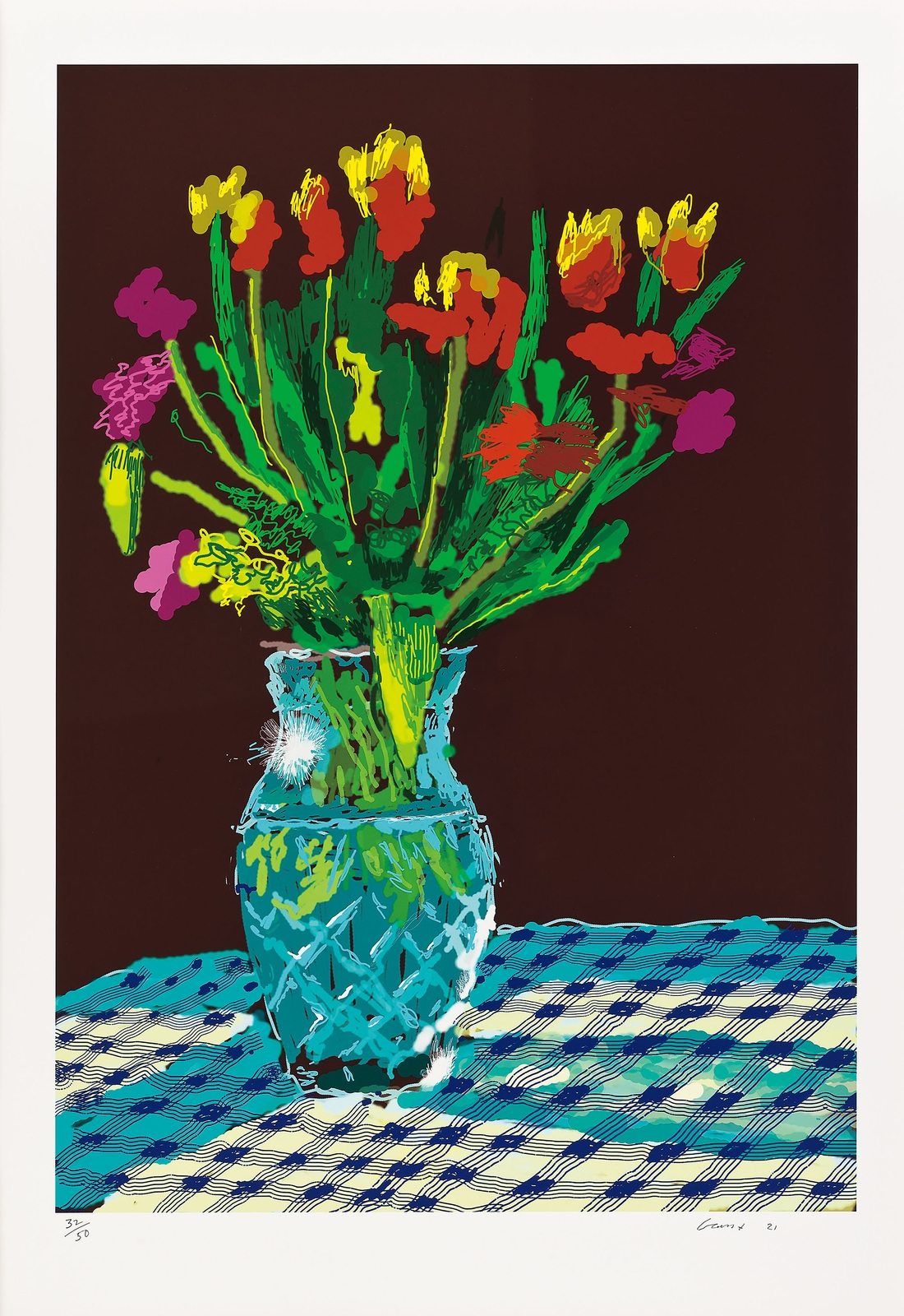 David Hockney - 24th February 2021, Red, Yellow and Purple Flowers on a Blue Tablecloth