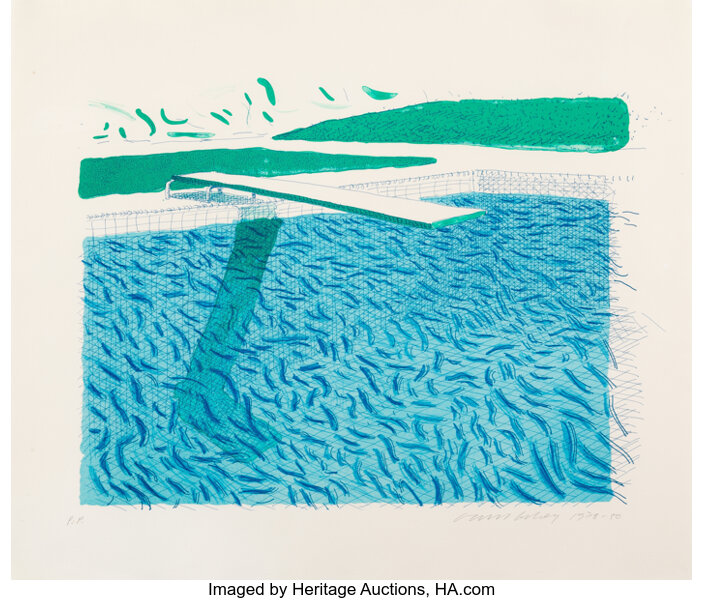 David Hockney - ?Lithographic Water Made of Lines, Crayon and Two Blue Washes