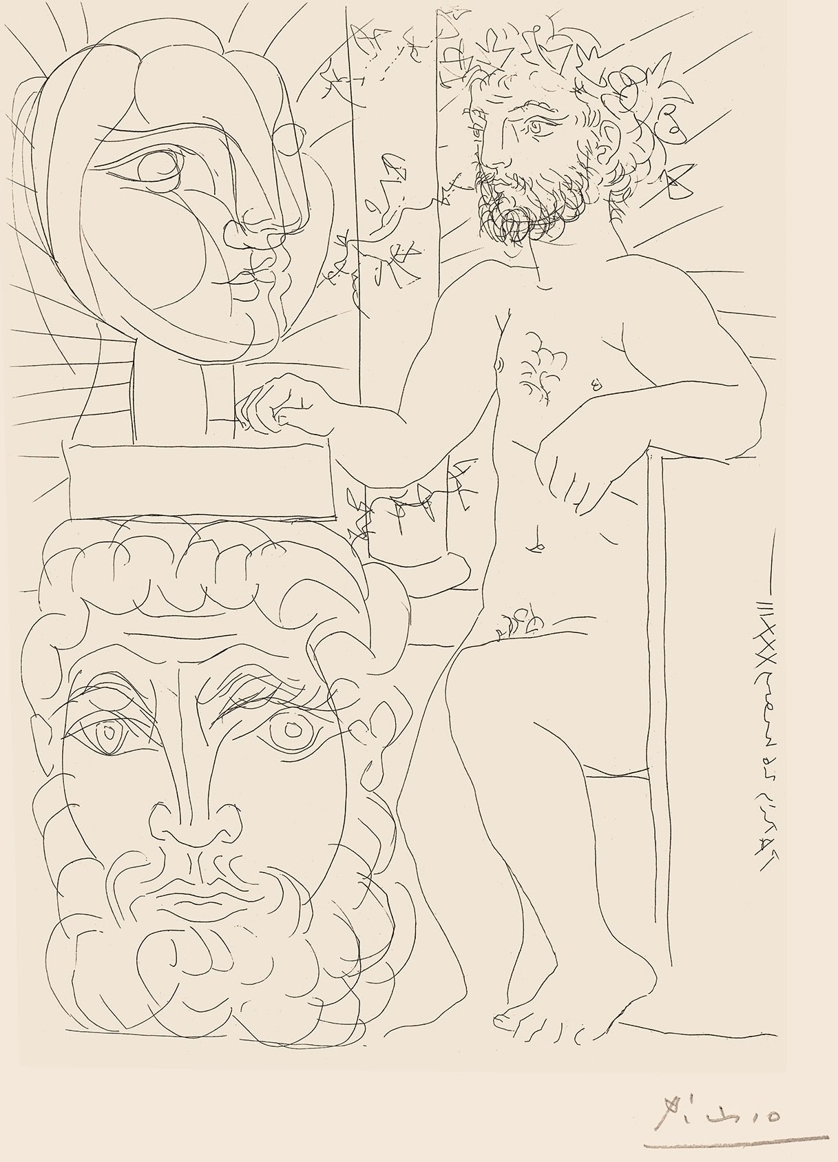 Pablo Picasso - Sculpteur et son autoportrait sculpté servant de socle à une tête de Marie-Thérèse (Sculptor with His Self...