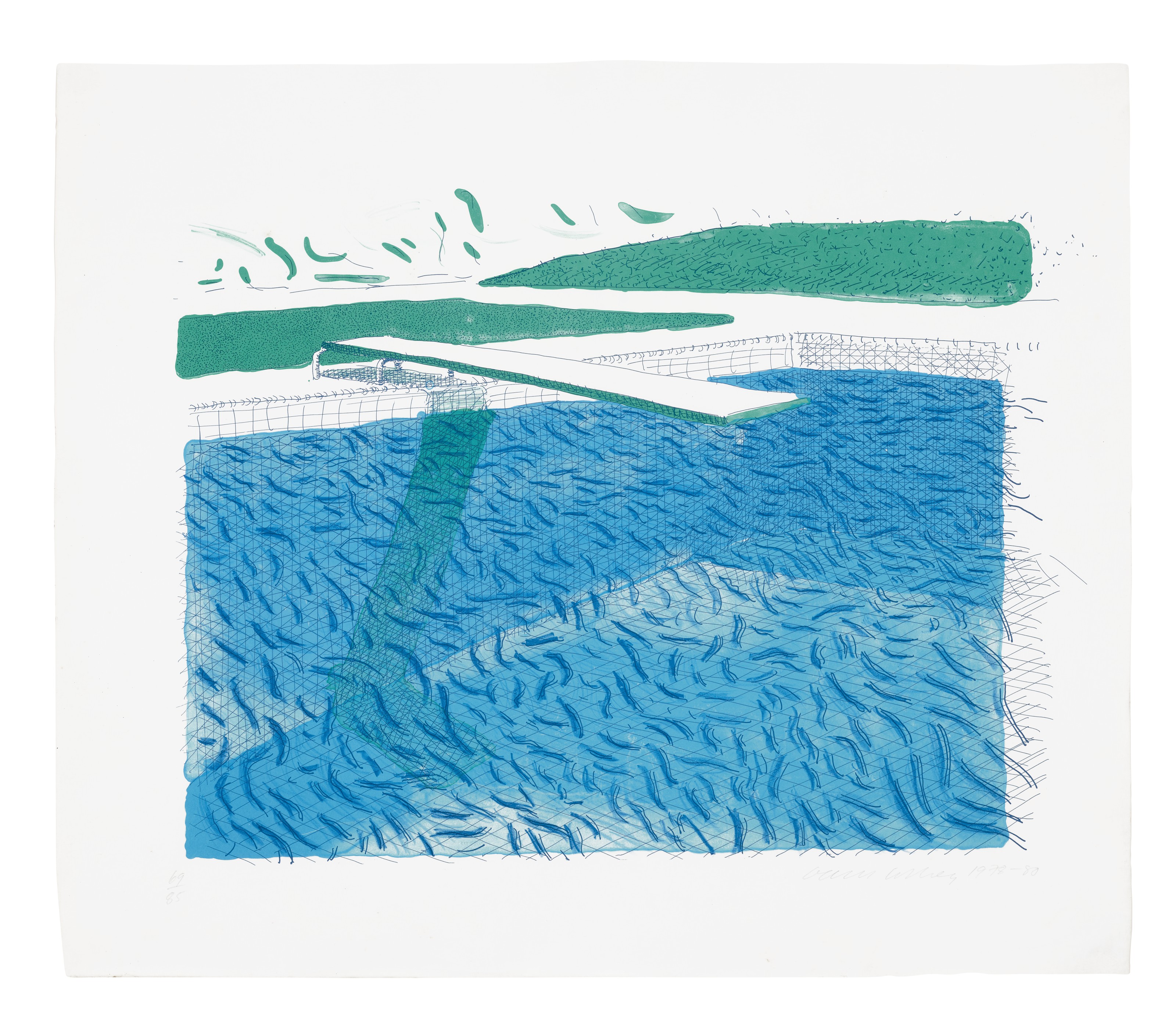 David Hockney - Lithographic Water Made of Lines, Crayon, and Two Blue Washes