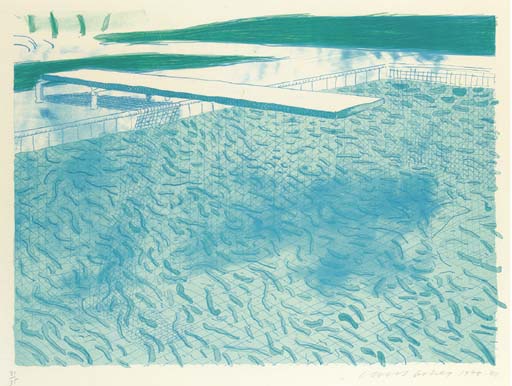 David Hockney - Lithograph of Water made of Lines with two light blue Washes