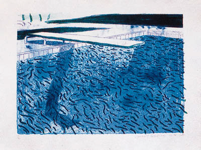 David Hockney - lithograph of Water made of lines, with two light blue washes (Tyler 249)