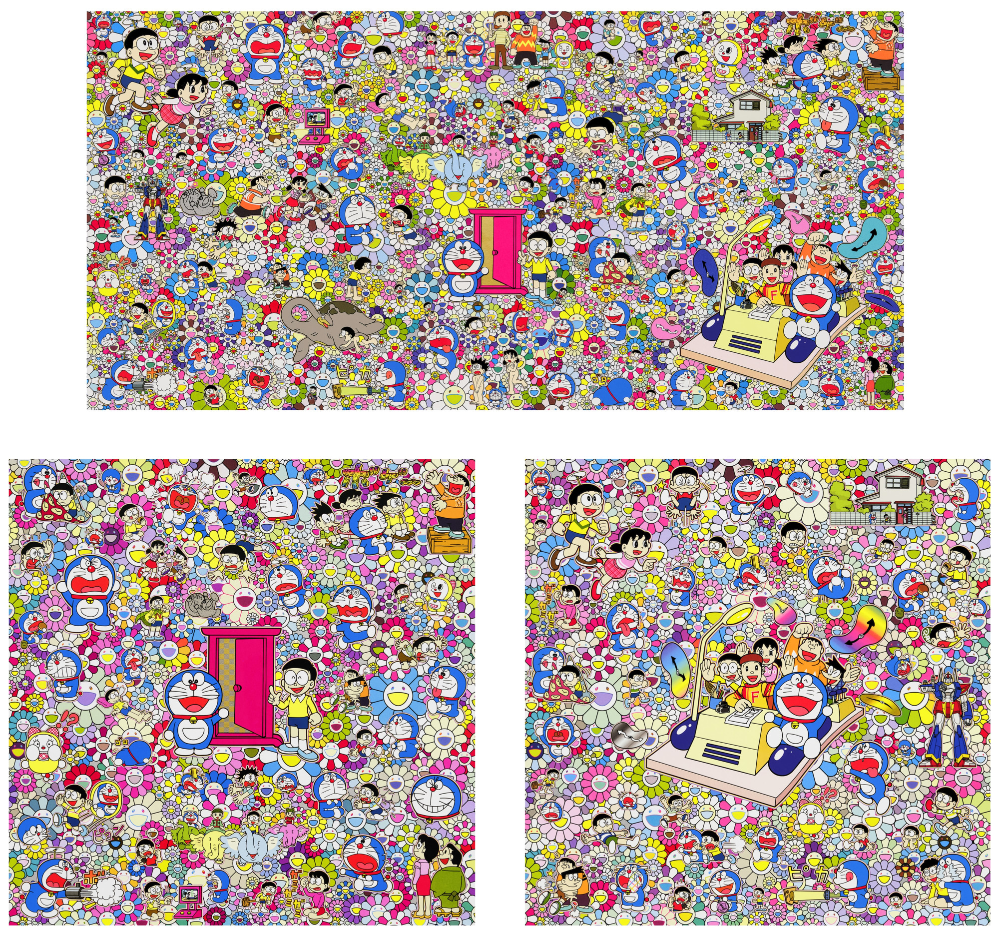 Takashi Murakami - Three works: (i) Many Things Await Beyond Anywhere Door - Dokodemo Door; (ii) On an Endless Journey on ...