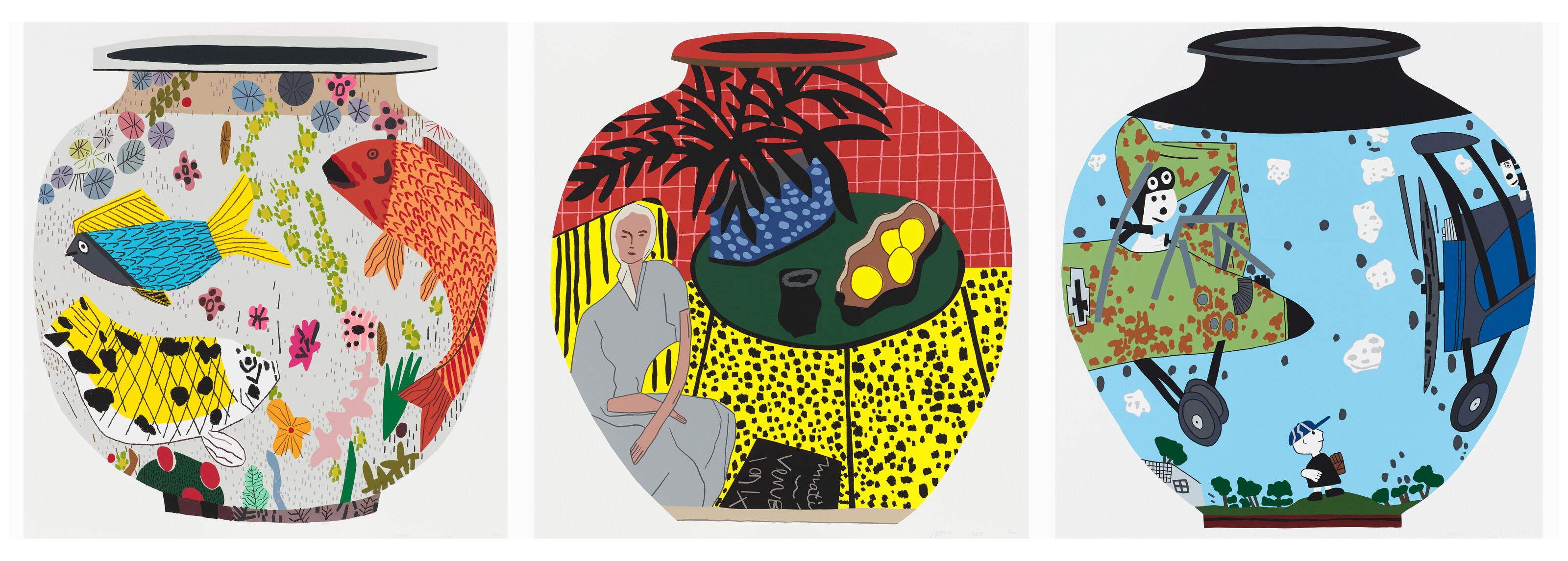 Jonas Wood - Fish Pot; Matisse Pot 4; Snoopy Pot [3 works]