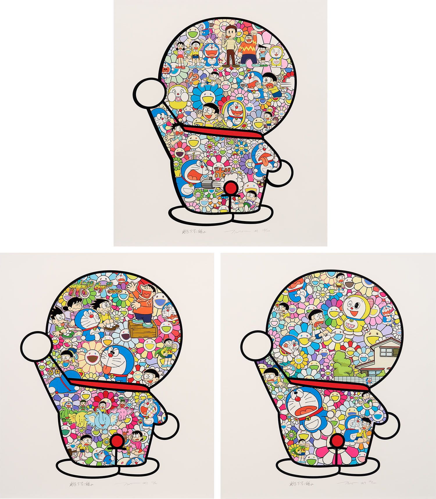 Takashi Murakami - Three works: (i) Mr. Fujiko F. Fujio and Doraemon Are in the Field of Flowers; (ii) Doraemon's Daily Li...
