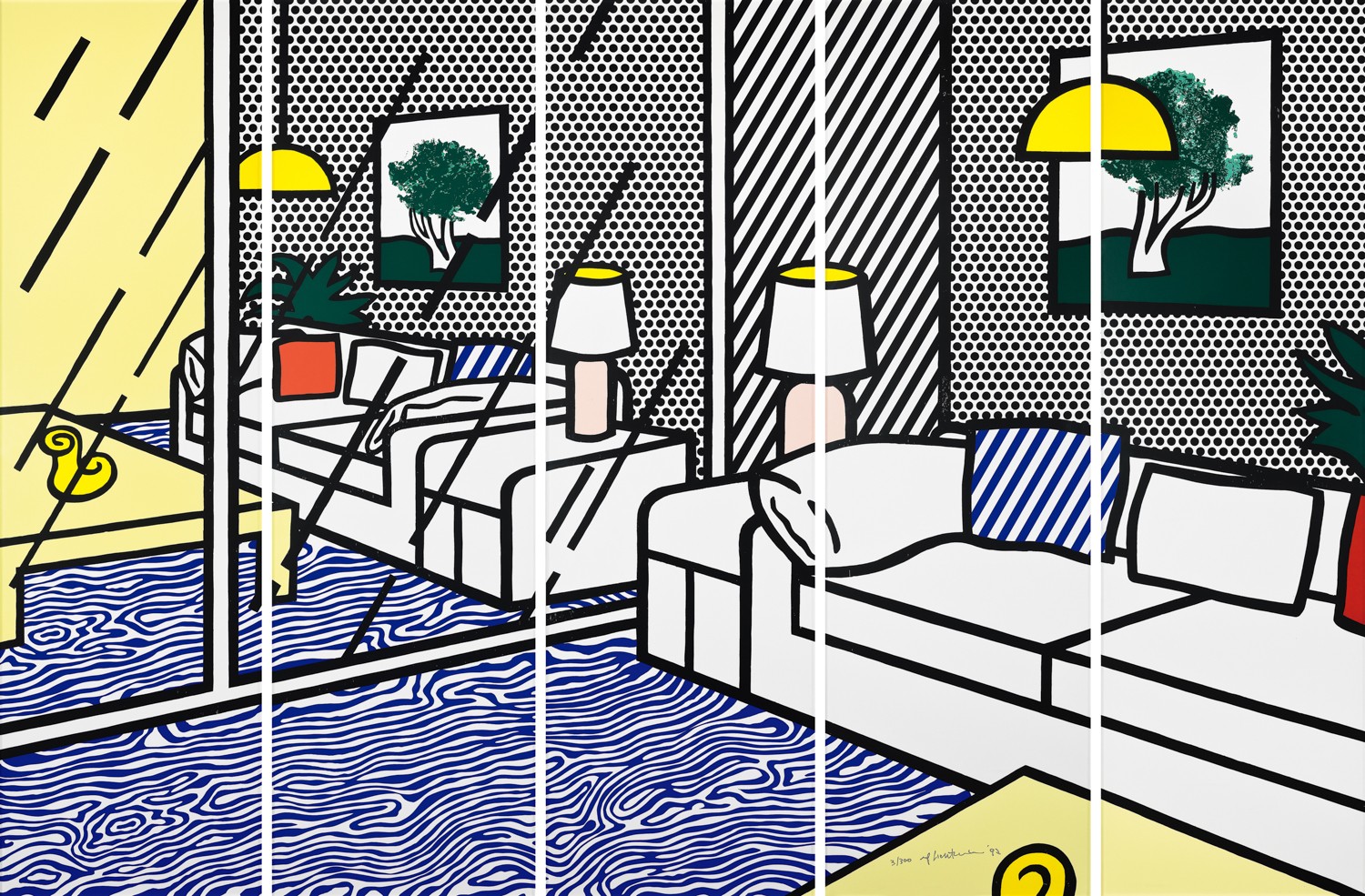 Roy Lichtenstein - Wallpaper with Blue Floor Interior (Pentaptych Screens)