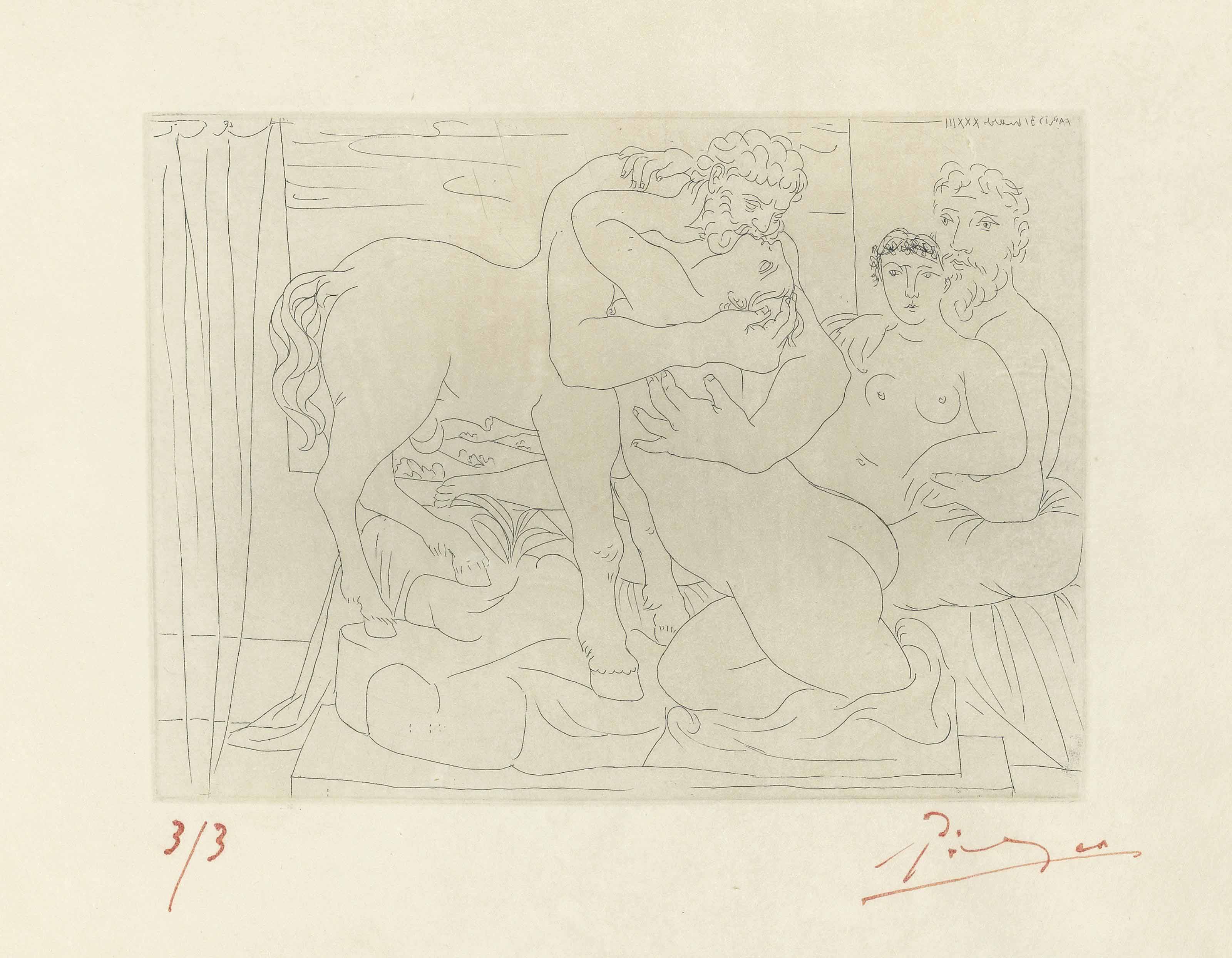 Pablo Picasso - Le Repos du Sculpteur devant un Centaure et une Femme, from: La Suite Vollard