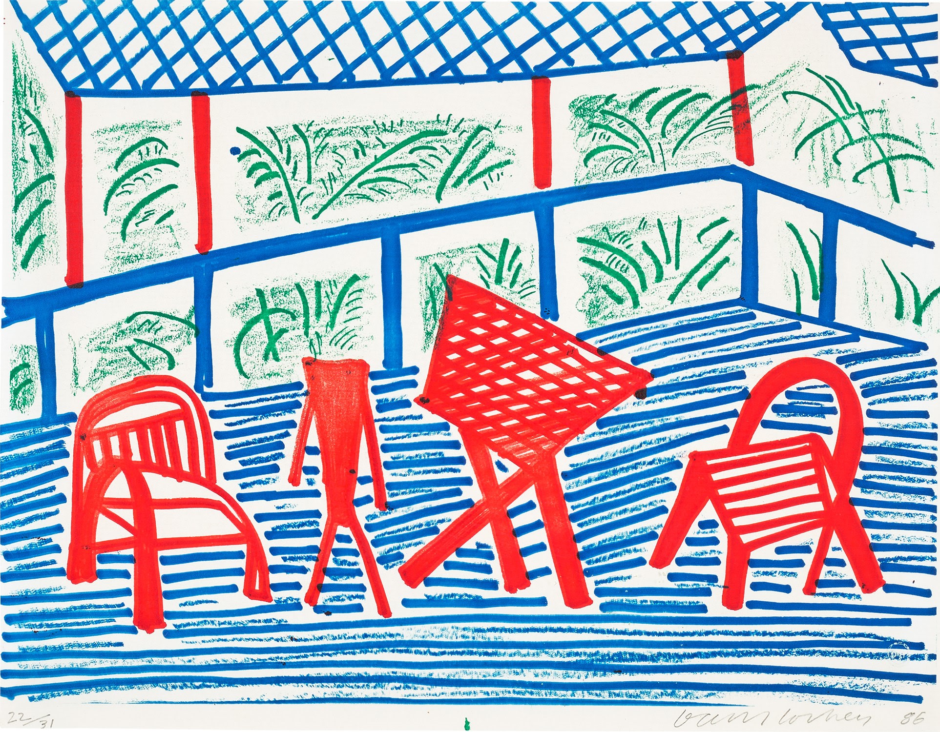 David Hockney - Two Red Chairs and Table, March 1986 (M.C.A.T. 316)