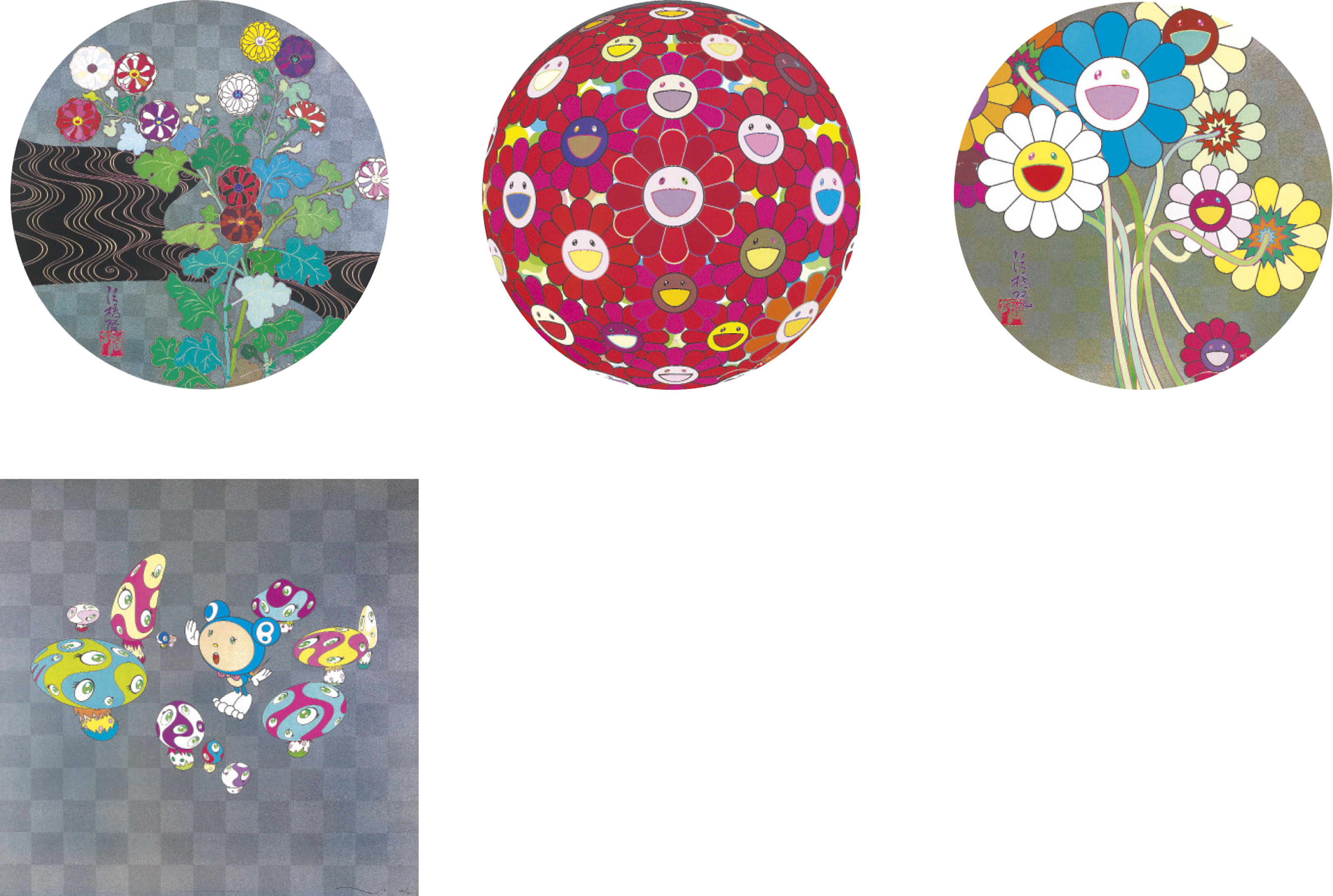 Takashi Murakami - Voice of the Mountain Stream; Flower Ball (3D) Red Cliff; IN CHA; & Flowers for Algernon