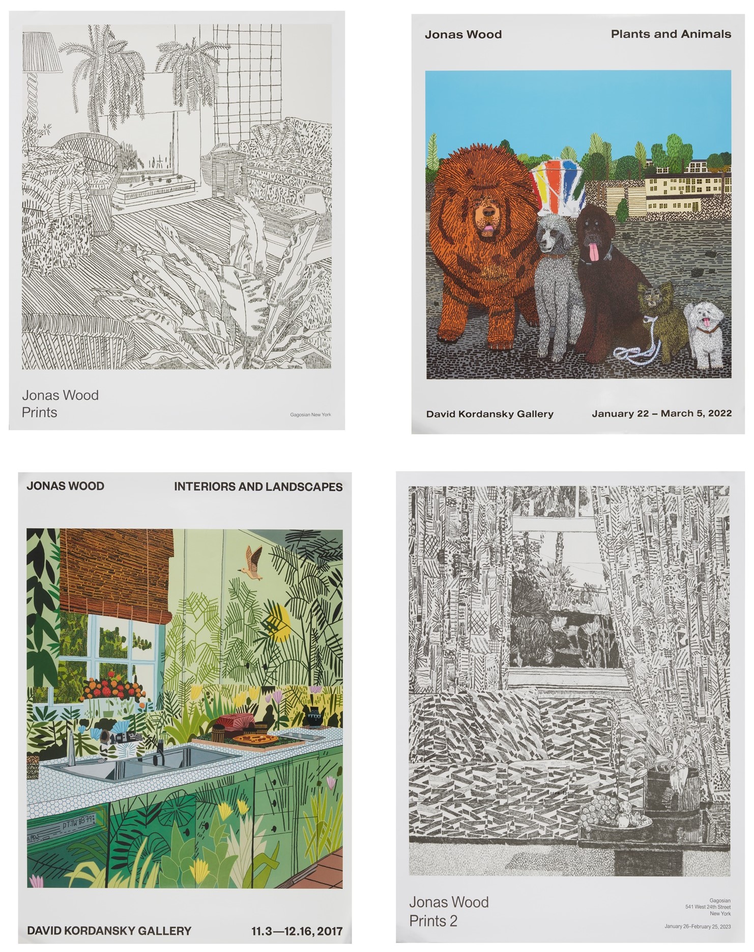 Jonas Wood - FOUR EXHIBITION POSTERS: 'INTERIORS AND LANDSCAPES,' 'PLANTS AND ANIMALS,' 'PRINTS,' AND 'PRINTS 2'